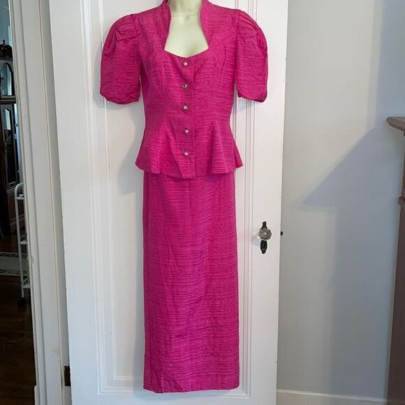 Vtg 80s Bridal Originals bright fuchsia pink 2 pc taffeta dressy outfit - Picture 1 of 13